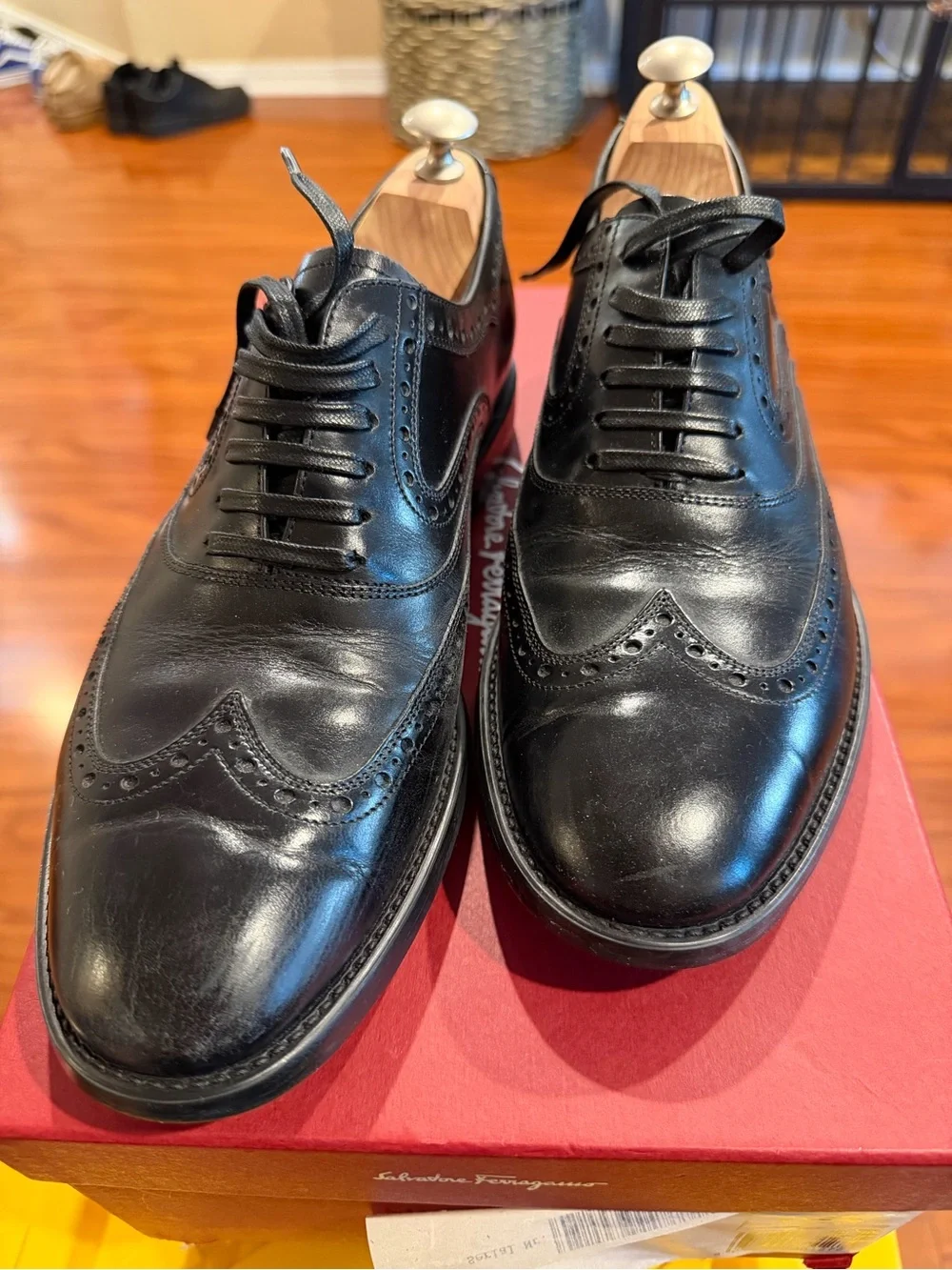 Salvatore Ferragamo Black Leather Wingtip Derby Shoes